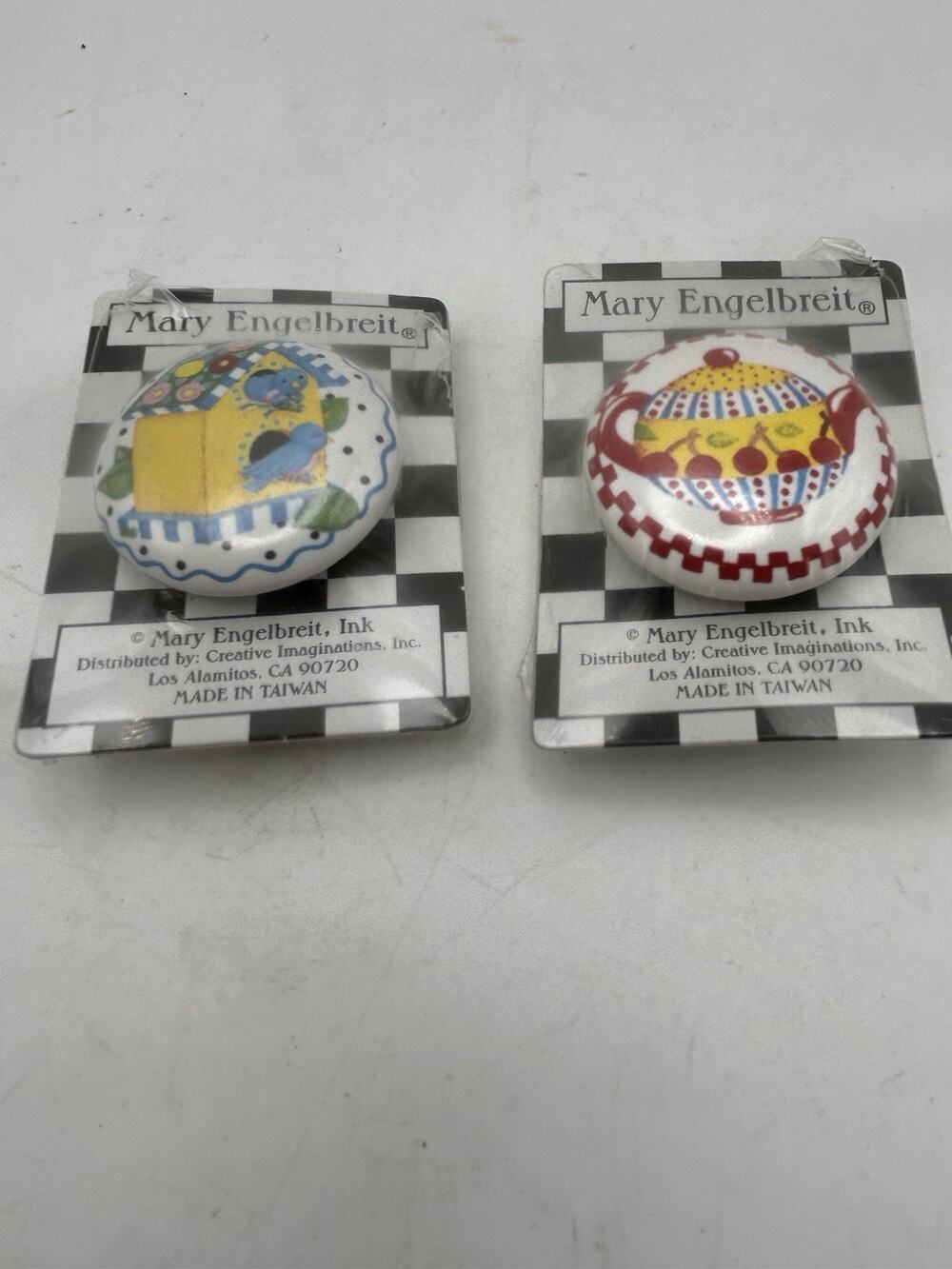 Pair of Mary Engelbreit Ceramic Cabinet Knobs Drawer Pulls. T Pot And Birdhouse